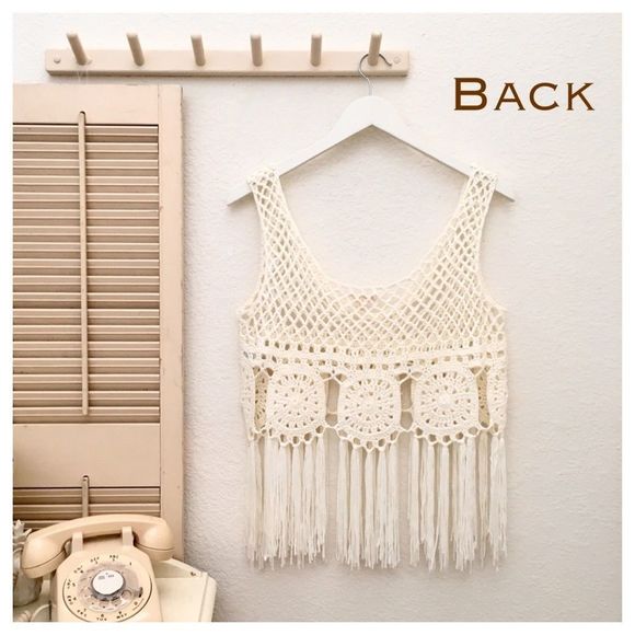 Boho Crochet Knit Cream Festival Tank Fringe Trim, Sexy Cute Hippie - Picture 6 of 8
